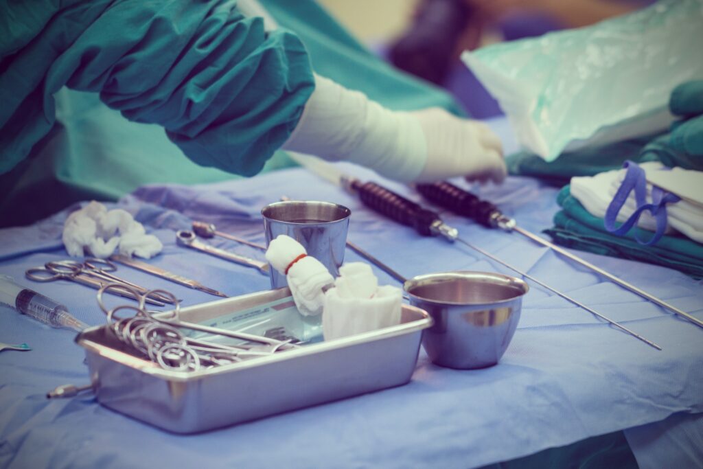 Surgical instruments prepared for a gastric sleeve surgery.