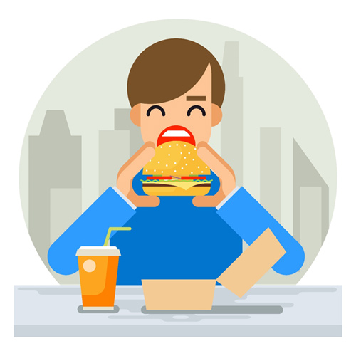 Man eating a cheeseburger with a soda