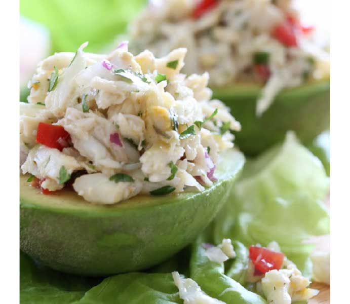 Spring recipes means veggies and healthy living. Try this seafood and avocado salad!