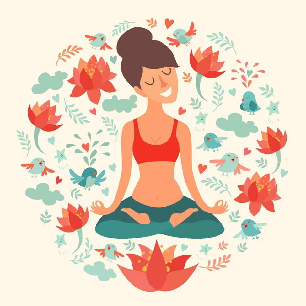 Illustration of a meditating woman surrounded by flowers and birds.