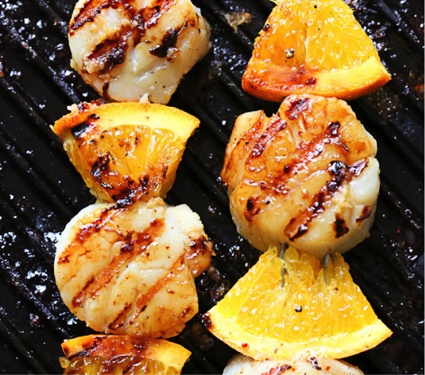 Skinnytaste’s grilled scallop and orange kebabs with honey ginger glaze.