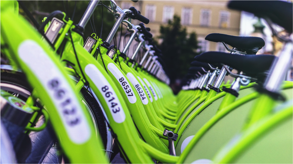 A row of green bicycles.