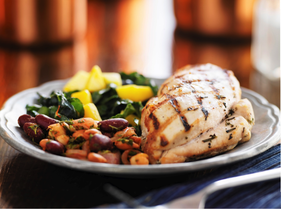Chicken breasts, beans, and vegetables for a high protein meal.