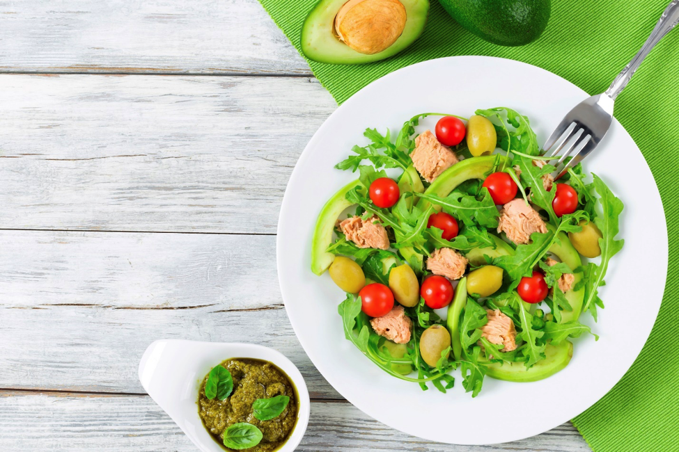 Tuna salad bowl for a high protein meal option.