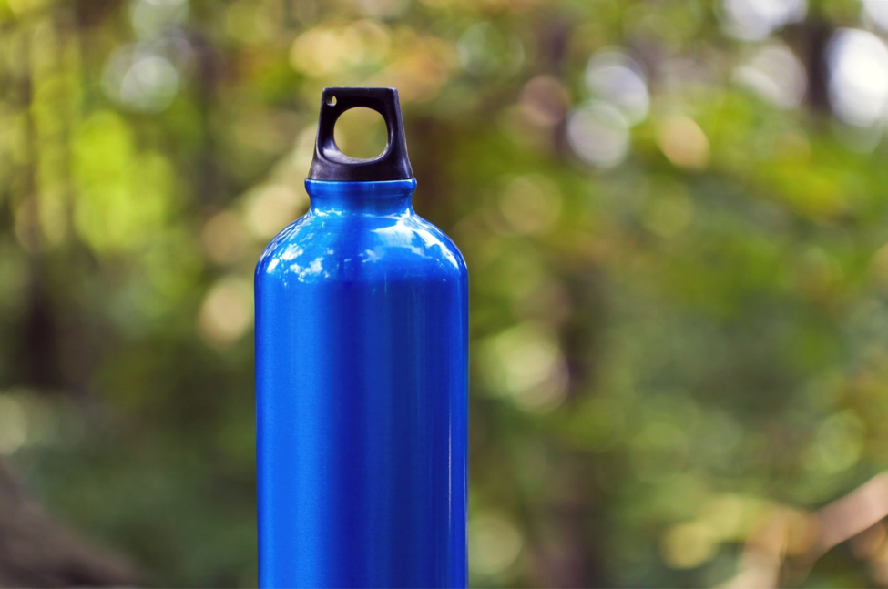 Blue reusable, metal water bottle