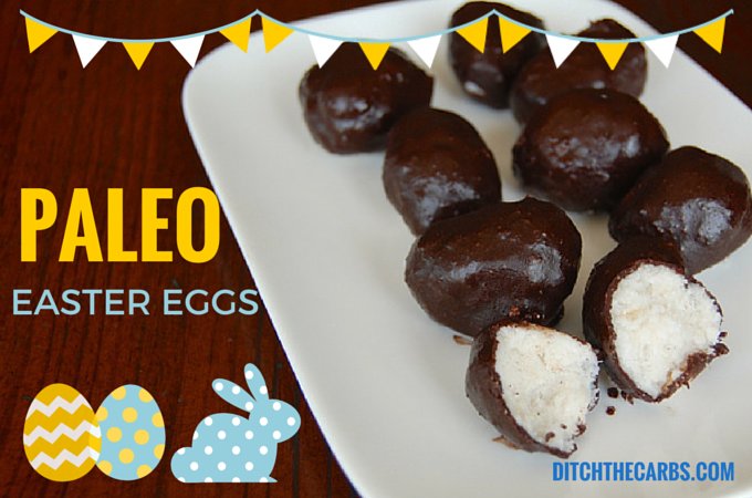 Chocolate-covered eggs with text overlay reading “Paleo Easter Eggs” and image overlays of eggs, rabbit, and banner.