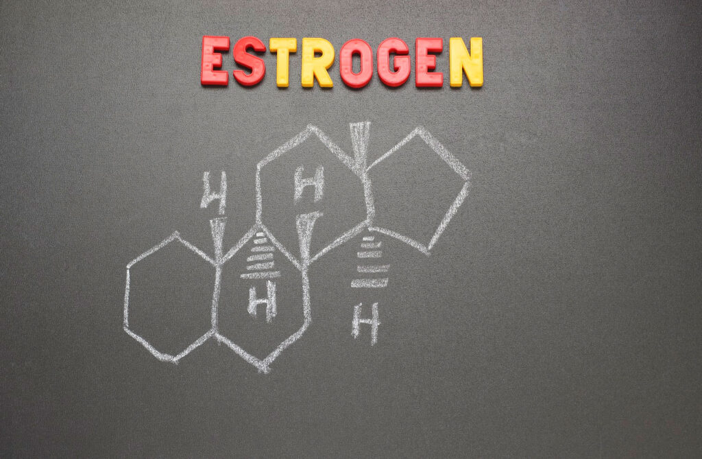 The word ‘Estrogen’ in 3D letters above its elemental structure written in chalk.