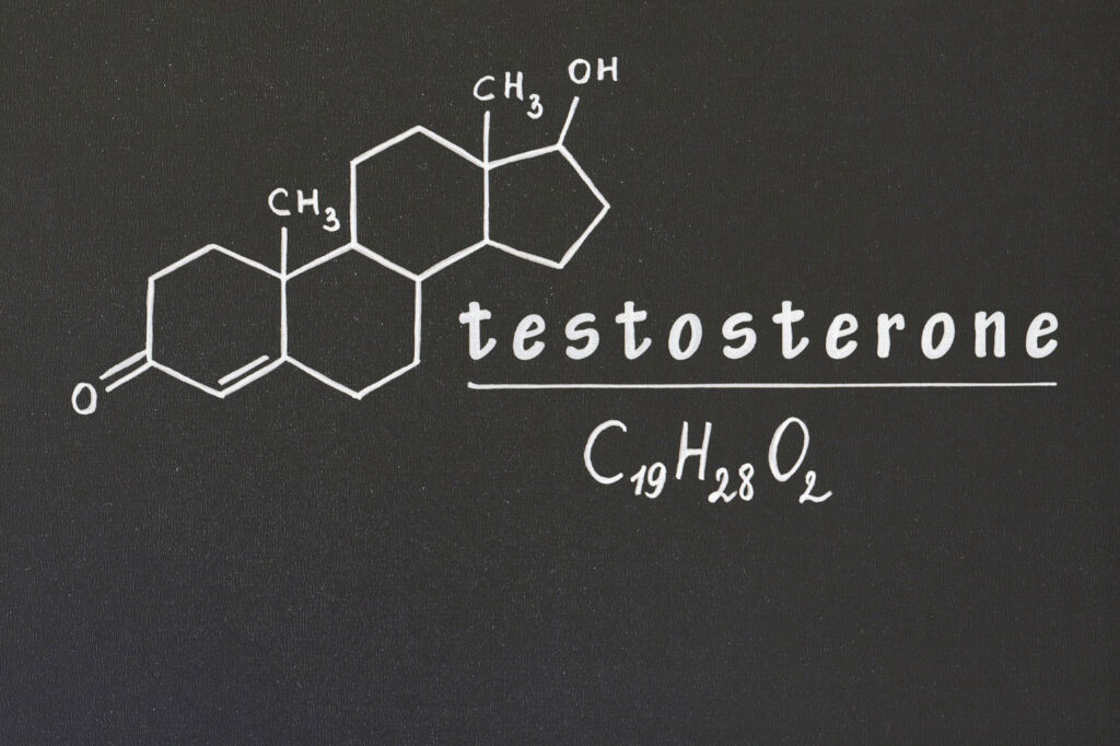 The word ‘testosterone’ written next to structural model and above chemical formula.