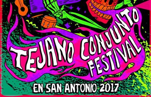Colorful and vibrant image reading ‘Tejano Conjunto Festival En San Antonio 2017’ for the San Antonio Memorial Day weekend event.