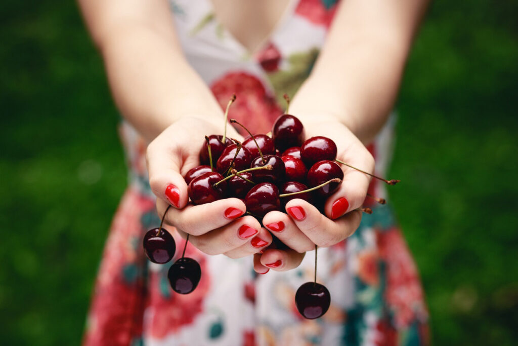 Close up of woman in dress holding a bunch of cherries.