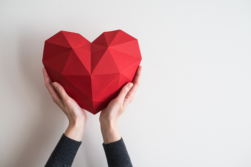Person holding polygonal heart shape model.